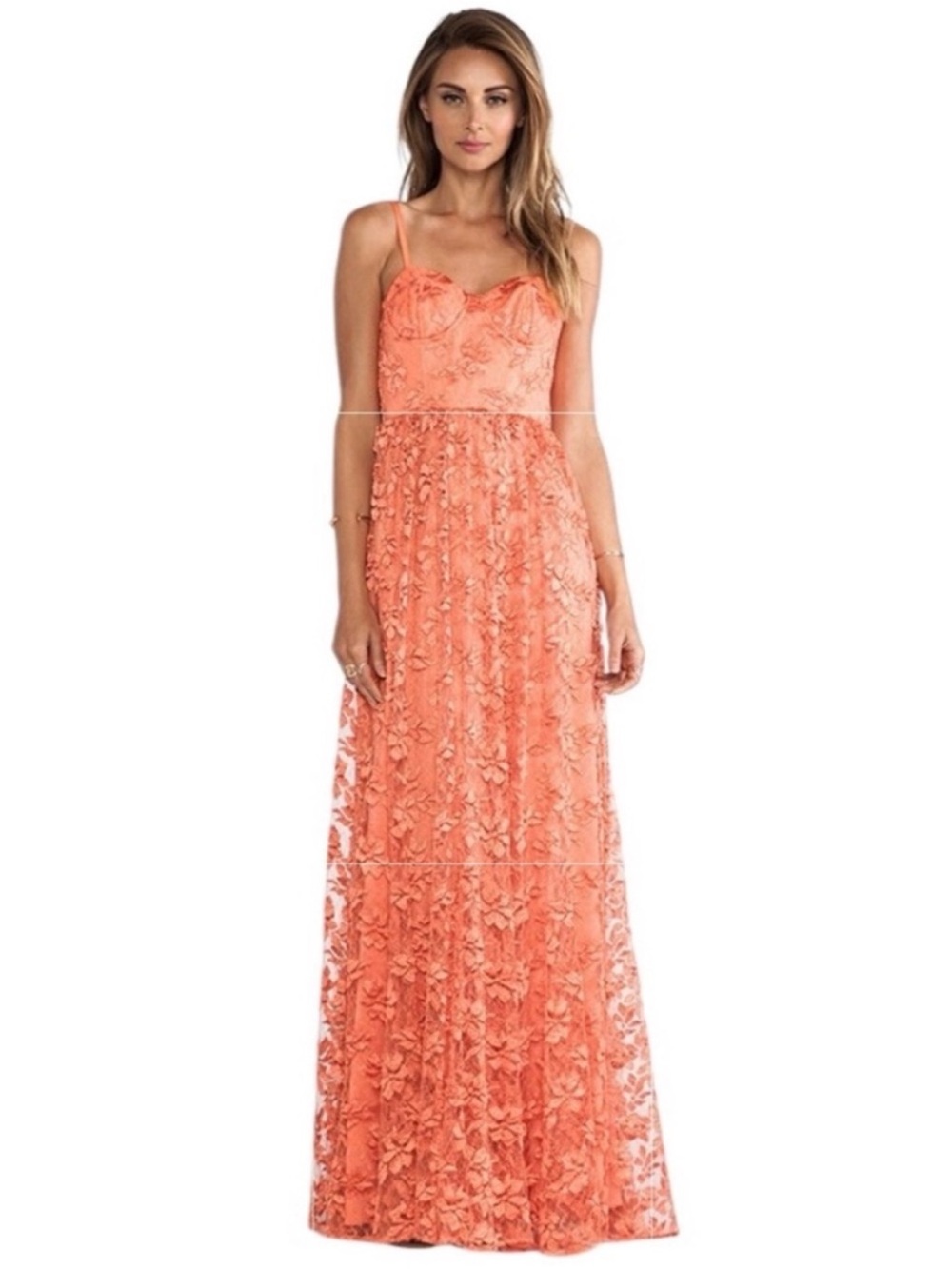 ALICE + OLIVIA Tyler Coral Lace Bustier Wedding Guest Formal Maxi Gown